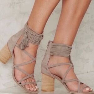 Jeffrey Campbell Tan Sandals with Crisscross Straps and Chunky Heel